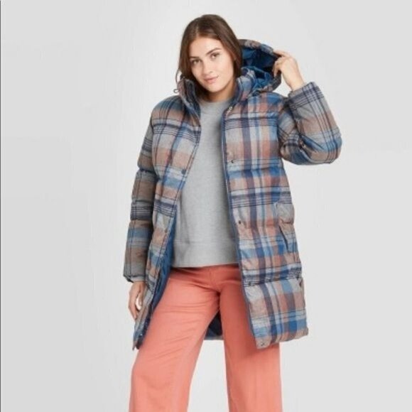 NWT A New Day Quilted Long Line Plaid Puffer Jacket - Picture 1 of 8
